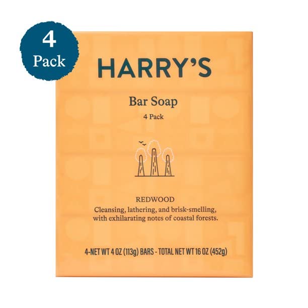 Harry's Men's Bar Soap, Redwood Scent Body Bar Soap for Men, 4 Bars, Net Wt 4 oz Each