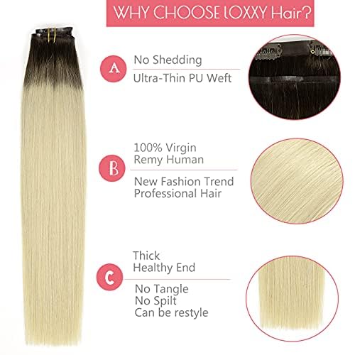Loxxy Seamless Extensions Clip in Human Hair Double Ultra Thin PU Weft Remy Hair Extensions Clip in Human Hair Ombre Rooted Darkest Brown To Platinum Blonde Full Head 18Inch 110gram 7pcs R#2-60A