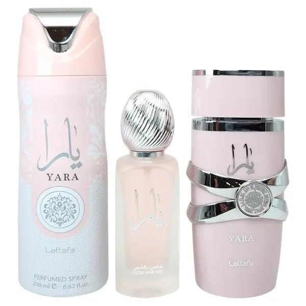 Lattafa Yara for Women 3 Piece Set (3.4 Oz Eau de Parfum Spray + 1.7 Oz Hair Mist + 6.7 Oz Deodorant Spray)