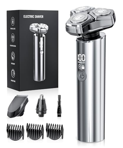 Electric Razor for Men, Rechargeable Wet & Dry Shavers for Men with Nose Hair Trimmer, Fast Charging, IPX8 Waterproof, Blades Spin 12000 Times Per Minute, LED Display, and Travel Lock,Sliver
