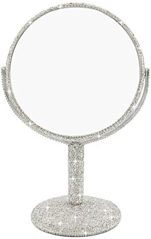 Bling Rhinestone Portable Magnified Double Sided Swivel Makeup Vanity Mirror, 360°Rotate Makeup Mirror Round Shaped Two-Sided Makeup Mirror (Silver)