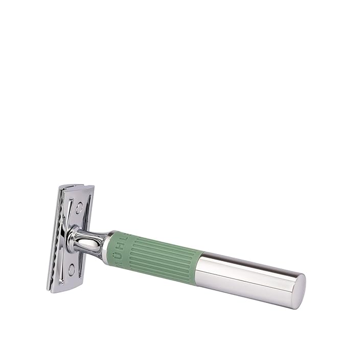 MÜHLE NEO safety razor|double edge safety razor for beginners and experienced shavers|sustainable eco-friendly and reusable|for men and women|chrome with sage green silicone grip handle