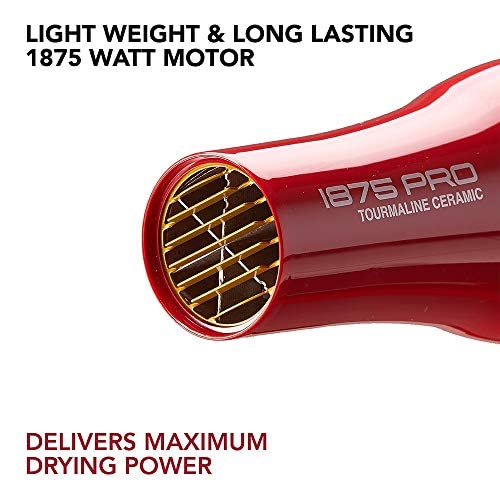 KISS 1875 Watt Pro Tourmaline Ceramic Hair Dryer, 3 Heat Settings, 2 Speed Slide Switch, Cool Shot Button, 2 Detangler Combs, 1 Concentrator, 1 Diffuser, Removable Filter Cap & 4 Sectioning Clips