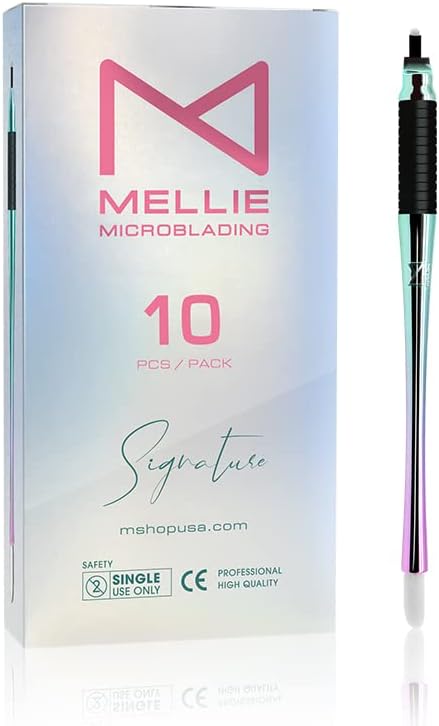 M PACK OF 10 Mellie's Signature Microblading Disposable Pen - Sterilized Blade - Comfortable Rubber Grip With Pigment Sponge (U18 NANO .15mm, Multi Color)