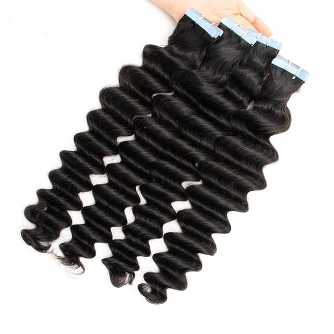 Curly Tape in Hair Extensions Human Hair for Black Women Seamless Skin Weft Invisible Tape in Hair Extensions Double Sided Deep Wave 16 Inch 50G 20pcs/set Curly Wavy Remy Hair Natural Color