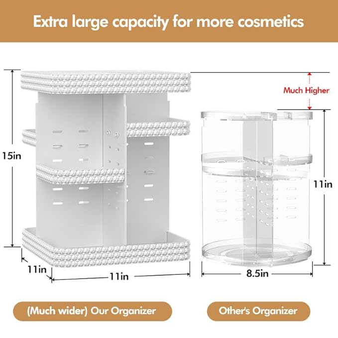 360°Rotating Makeup Organizer, Large Capacity Vanity Organizer with DIY Adjustable Trays, Makeup Brush Cosmetic Skincare Organizer Spinning Holder Shelf Storage Rack, Perfume Organizer For Dresser