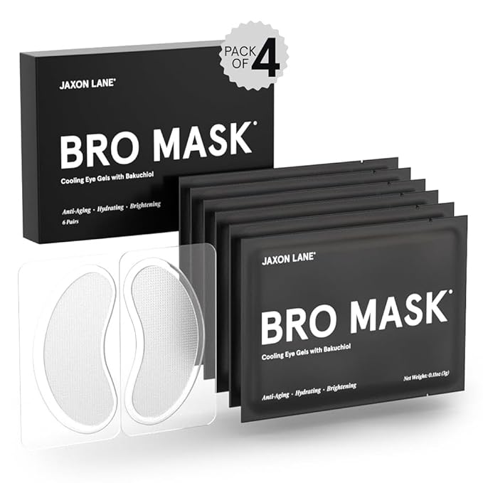 BRO MASK Under Eye Gel Pads: Cooling Eye Patches for Dark Circles and Puffiness | Anti Aging Hydrogel Eye Patch Set + Bakuchiol, Green Tea, Hyaluronic Acid, Caffeine, Niacinamide/Vit B3 (4 X 6 Pairs)