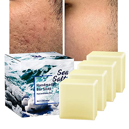4 PC- ONIYEA Sea Salt Handmade Bar Soap 3.5 Oz Each, Natural Goat's Milk, All Skin Types, Exfoliating Acne Deeply Clean Problem Skin, Body/Face/Hand Wash Skincare, Women Men Birthday Mother Valentine