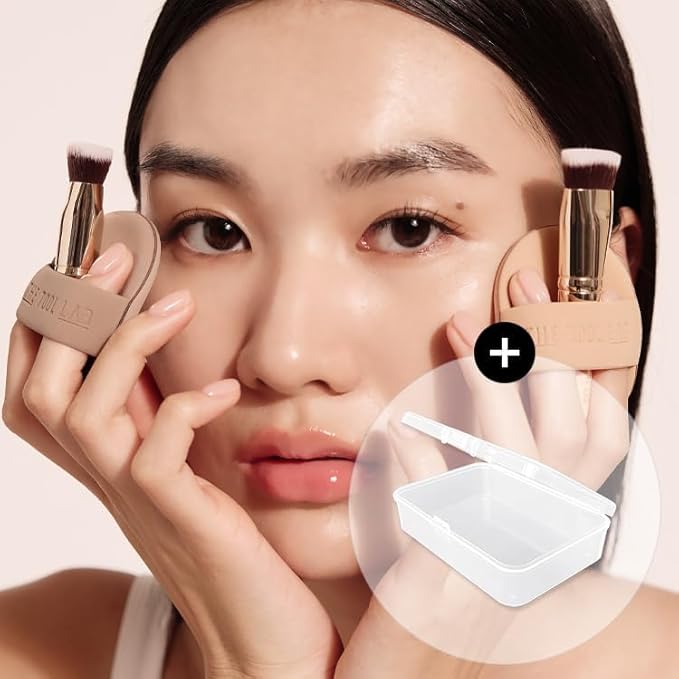 THE TOOL LAB All Day Fitting Duo (Glow type) - Premium Base Makeup Set for Liquid Cream Powder Foundation, Buffing Blending Face Brush, Sponge, Portable Case - 1.1" Flat Top Brush