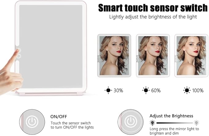 WEILY Makeup Mirror with Lights, 2000 mAh USB Rechargeable Lighted Makeup Mirror, Touch Screen 3 Colors Adjustable 72 LED Lights Compact Travel Mirror, Gift for Girls Women (Pink)