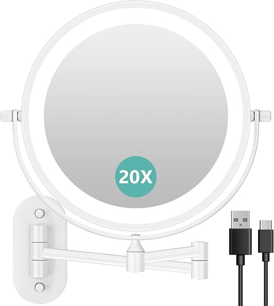 1X/20X Wall Mounted Makeup Mirror with Light, 8" Double-Sided Magnifying Mirror, 3 Color Lights Touch Dimmable Vanity Mirror with 360° Extension Rotation Foldable 14.5 Inch Arm for Bathroom