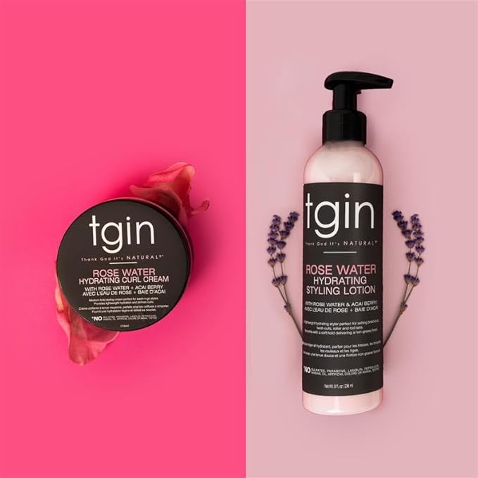 tgin Rose Water Hydrating Curl Cream 12 oz & tgin Rose Water Hydrating Styling Lotion 8 oz, for Curly, Coily and Wavy Hair, (Set)