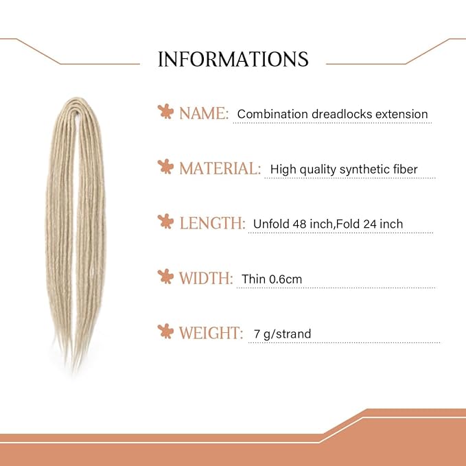 24 In Double Ended Dreadlock Extensions, 613 Blonde 10 Strands Thin 0.6cm Width Synthetic DE Dreads Extensions, 100% Handmade Dreads Hippie Style Dreadlocks for Woman
