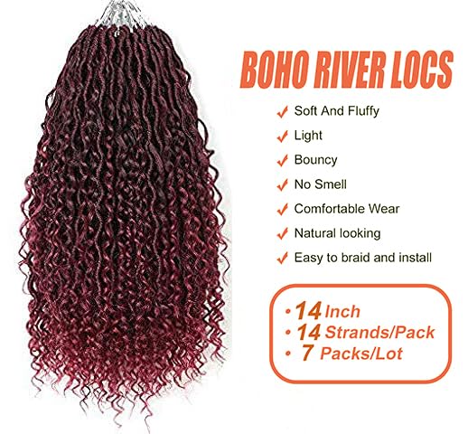 Aipin Goddess Locs Crochet Hair 14 Inch Boho River Locs Hippie Locs Wavy Crochet With Curly Hair In Middle And Ends Braids Hair Extensions (7Packs,14 inch, TBUG)
