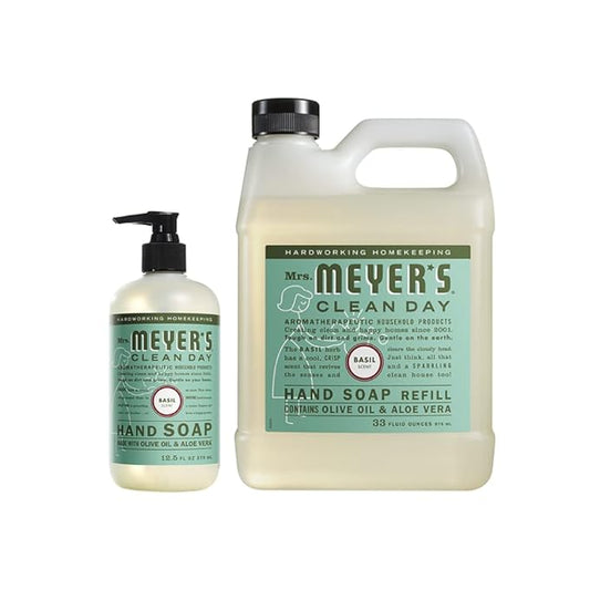 MRS. MEYER'S CLEAN DAY Basil Hand Soap and Refill Variety Pack, 12.5 oz & 33 oz. (Pack of 2)