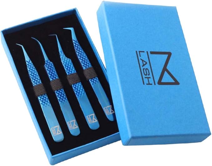 M LASH Tweezers for Eyelash Extensions (Set of 4) - Professional Lash Extension Tweezers - Fiber Tip, Japanese Steel, Diamond Grip Eyelash Extension Tweezer (Blue)