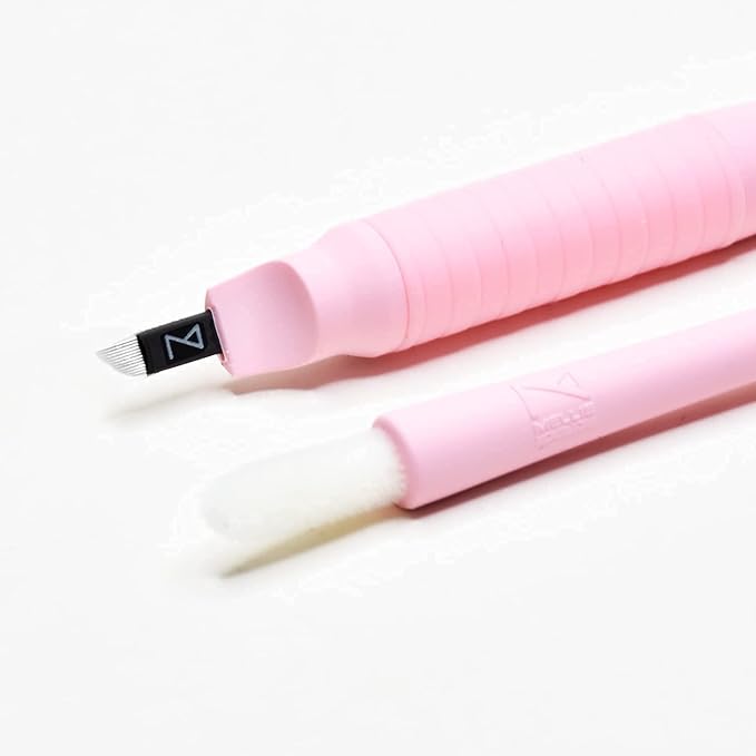 M PACK OF 10 Mellie's Signature Microblading Disposable Pen - Sterilized Blade - Comfortable Rubber Grip With Pigment Sponge (C12 .18mm, Pink)