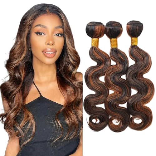 P1B30 Human Hair Bundles Ombre Highlight Light Brown Boby Wave Bundles Black Mixed With Brown two tone Brazilian Human Hair Extensions Wet and Wavy for Black Women 10 12 14 Inch