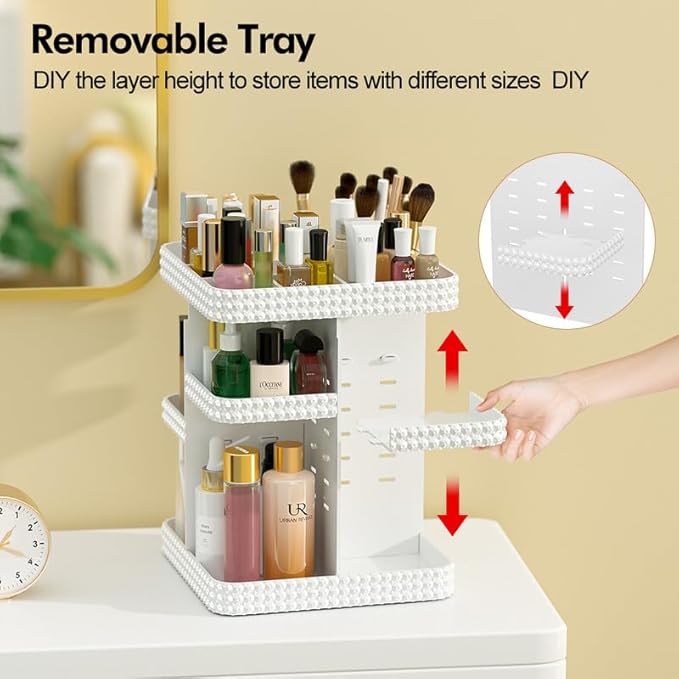 360°Rotating Makeup Organizer, Large Capacity Vanity Organizer with DIY Adjustable Trays, Makeup Brush Cosmetic Skincare Organizer Spinning Holder Shelf Storage Rack, Perfume Organizer For Dresser