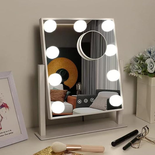 Vanity Mirror with Lights，Hollywood Lighted Makeup Mirror with 3 Color Modes and 9 Dimmable Diamond LED Light Bulbs Detachable 10X Magnification 360° Rotation Touch Control