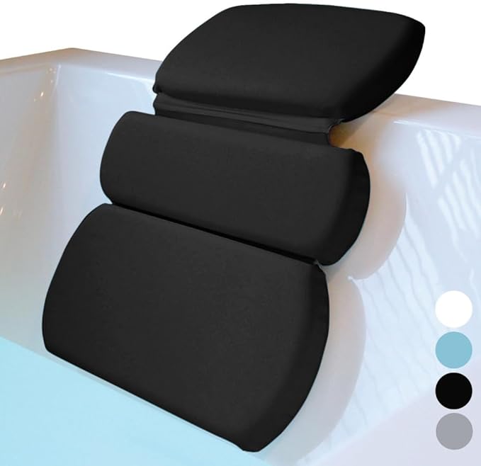 GORILLA GRIP Bath Pillow for Tub, Improved Suction Cups, Luxury Bathtub Pillows, Headrest for Neck and Back Support, Relaxing Home Spa, Hot Tubs and Bathroom Essentials, Gifts for Women, 3 Panel Black