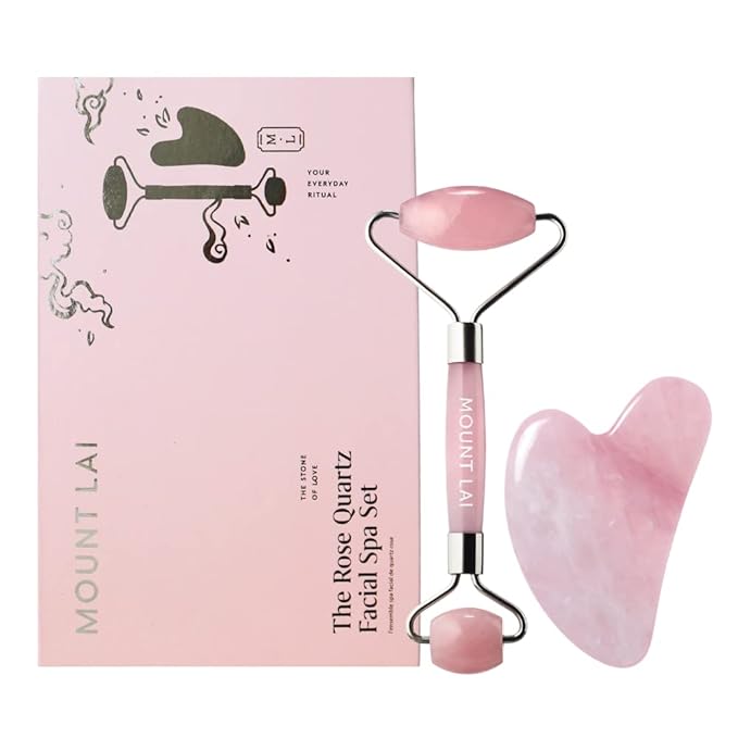Mount Lai Rose Quartz Facial Spa Set, Rose Quartz Roller and Gua Sha Facial Tools Set, Guasha Tool for Face to Relieve Muscle Tension and Reduce Puffiness, Anti Aging Skin Care Sets for Women