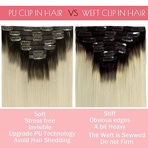 Loxxy Seamless Extensions Clip in Human Hair Double Ultra Thin PU Weft Remy Hair Extensions Clip in Human Hair Ombre Rooted Darkest Brown To Platinum Blonde Full Head 18Inch 110gram 7pcs R#2-60A