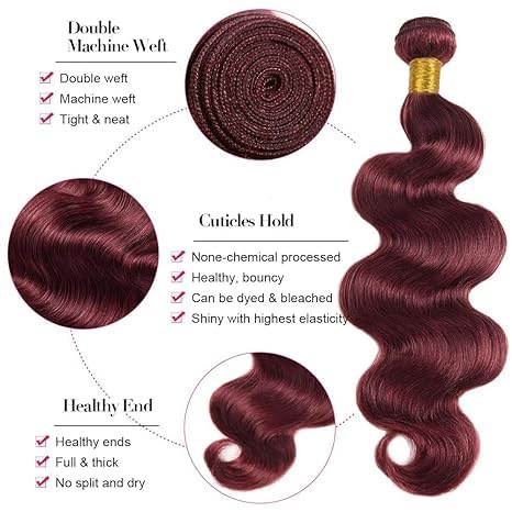 Burgundy Body Wave Bundles Human Hair Color 99j Body Wave Bundles Weave Extensions Brazilian Human Hair Wet and Wavy Soft Silky for Black Women 16 18 20 Inch