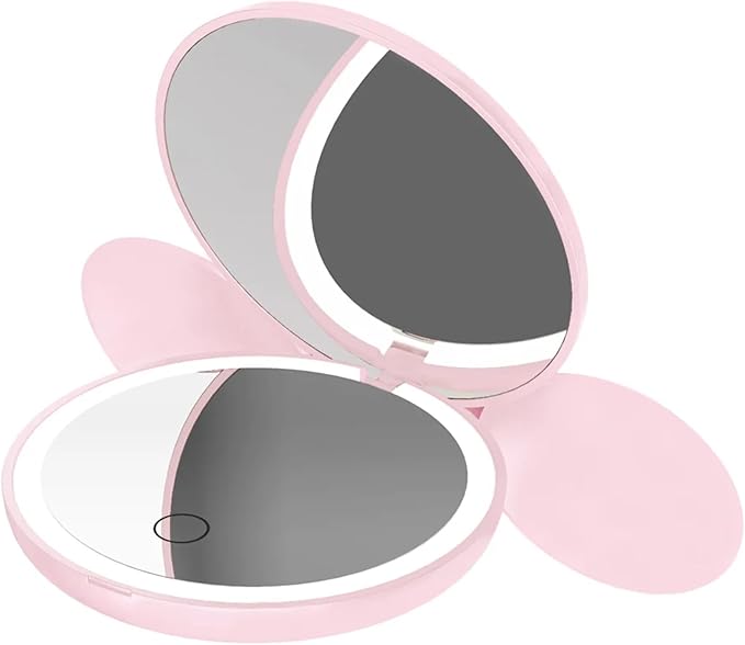 Impressions Vanity Minnie Mouse Shape LED Compact Mirror for Purse, Double Sided Travel Lighted Makeup Mirror with 2X Magnification, Soft Touch Sensor, Adjustable Brightness, and Pink Polka Dot Bow