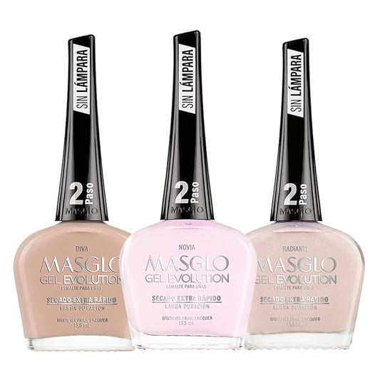 MASGLO Gel Evolution – Set of 3 Nail Polishes No UV/LED Lamp Needed, Fast-Drying, 12-Day Wear, 14-Free Formula, High-Gloss Finish, vegan (0.5 oz Each)