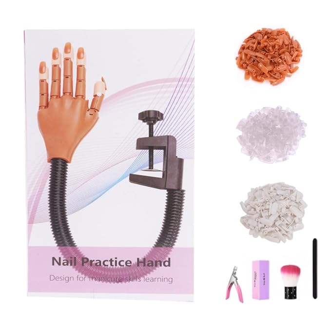 Practice Hand For Acrylic Nails Adjustable Flexible Nail Practice Hands Training Movable Nail Manicure Hand with 300 Nail Tips and 1pc File 1pc Brush 1 pc Nail Buffer and 1 pc Clipper