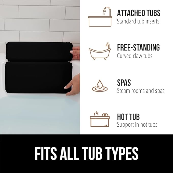 GORILLA GRIP Bath Pillow for Tub, Improved Suction Cups, Luxury Bathtub Pillows, Headrest for Neck and Back Support, Relaxing Home Spa, Hot Tubs and Bathroom Essentials, Gifts for Women, 2 Panel Black