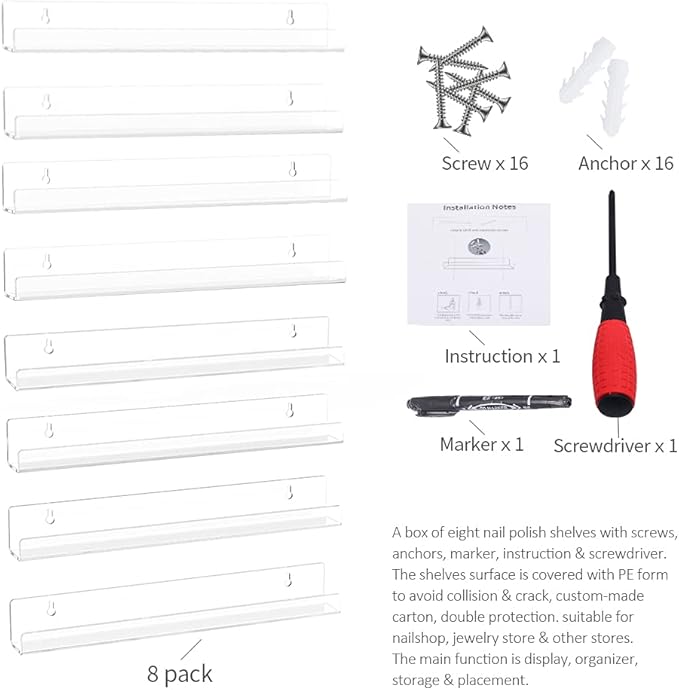 8 Pack Nail Polish Wall Rack, Clear nail polish organizer wall mounted, Acrylic Nail Polish holder storage