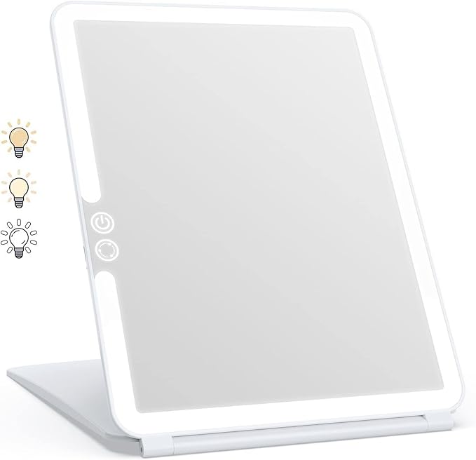 WEILY Portable Travel Mirror Makeup Mirror with 72 LED Lights, Touch Screen Three Colors Dimmable,Ultra Thin, 2000 mAh USB Rechargeable Foldable Cosmetic Mirror(White)