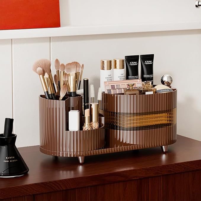 Rotating Makeup Organizer for Vanity with Brush Holder and Drawer, 3 Layer Cosmetic Makeup Storage, Large Makeup Skincare Organizer, Countertop Makeup Perfume Organizer, Lotions Display Case (Brown)