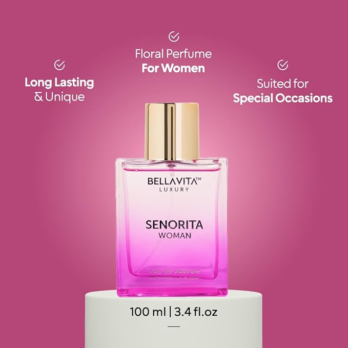 BellaVita Luxury SENORITA Perfume for Women (3.4 fl.oz) | Floral & Fruity Vanilla Perfume Fragrance with Pomegranate, Mint & Musk | Perfume for Womens Gift | Vegan & Cruelty-Free Womens Perfume