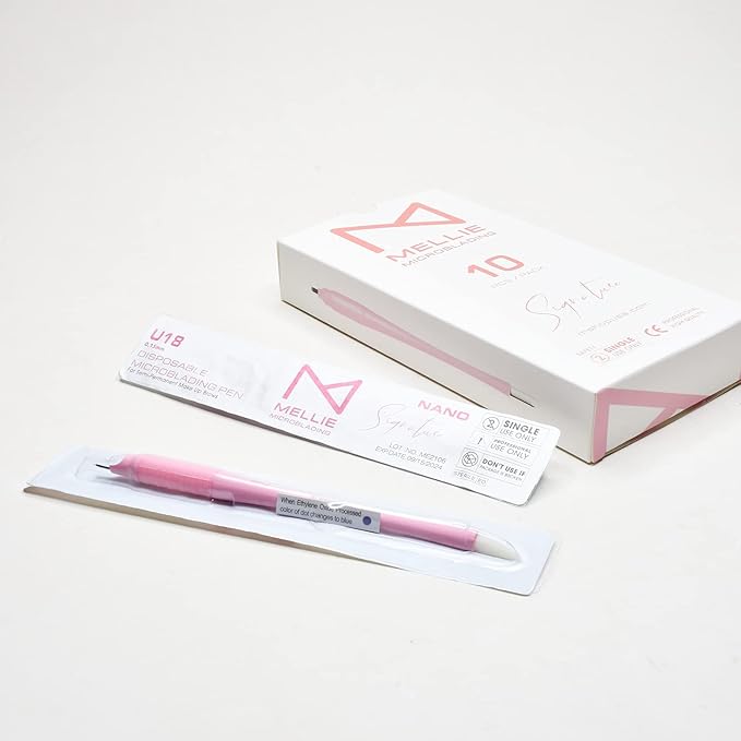 M PACK OF 10 Mellie's Signature Microblading Disposable Pen - Sterilized Blade - Comfortable Rubber Grip With Pigment Sponge (U18 NANO .15mm, Pink)
