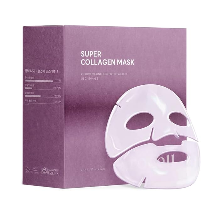 AROCELL Super Collagen Mask 12 Facial Sheet Dual Matrix Hydrogel Masks with Low Molecular Weight Collagen for Elasticity Hydrating Anti-Aging Cooling Korean Skincare, 43g x 12ea
