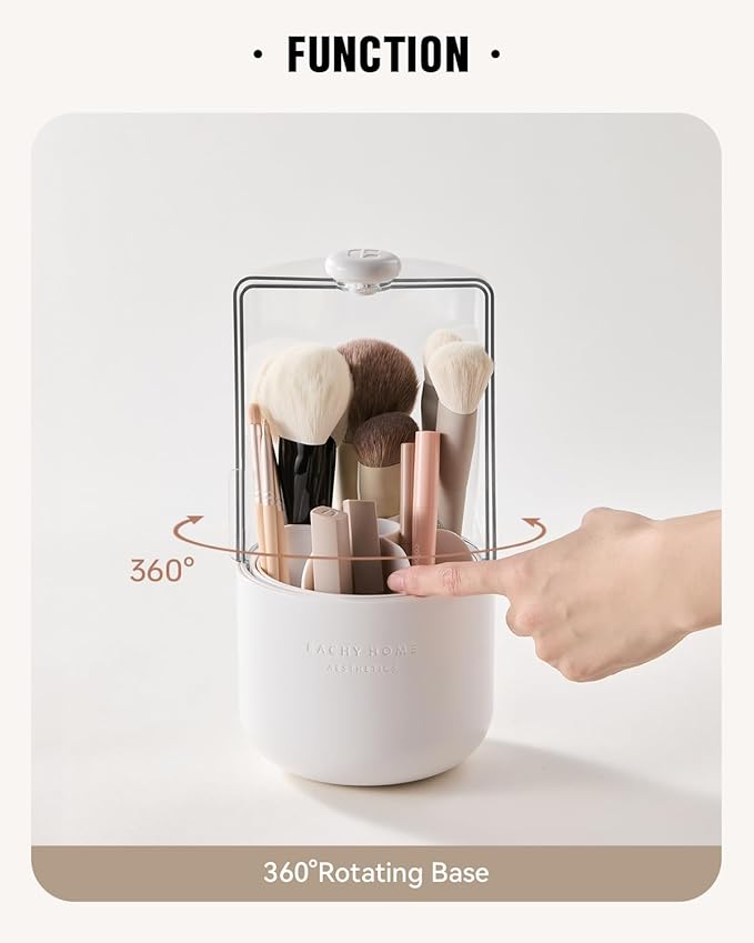 EACHY Makeup Brush Holder 360° Rotating with Dustproof Lid, Waterproof Material, 7 Compartments for Organized Storage, Stylish and Durable Design for Vanity or Bathroom (White)