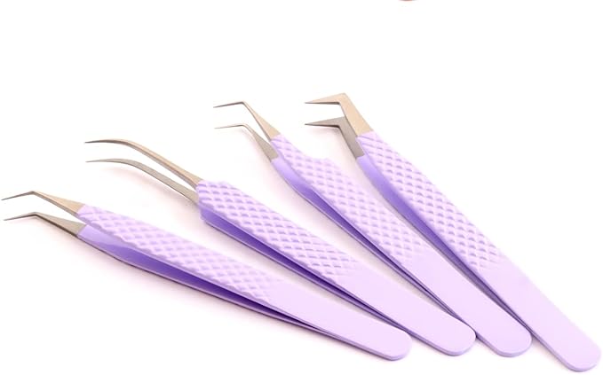 M LASH Tweezers for Eyelash Extensions (Set of 4) - Professional Lash Extension Tweezers - Fiber Tip, Japanese Steel, Diamond Grip Eyelash Extension Tweezer (Digital Lavender)