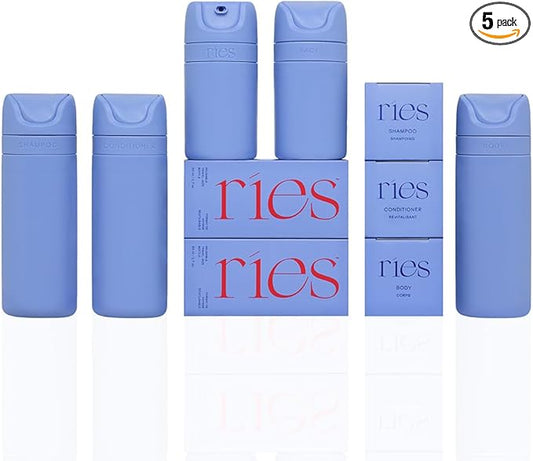 Essential Refillable Toiletry Travel Bottles – Set of 5 (3.4oz & 1.7oz) Airless Pump Containers for Shampoo, Conditioner, Body, Face – Leak-Proof, TSA-Approved, Dishwasher Safe- Runaway Blue