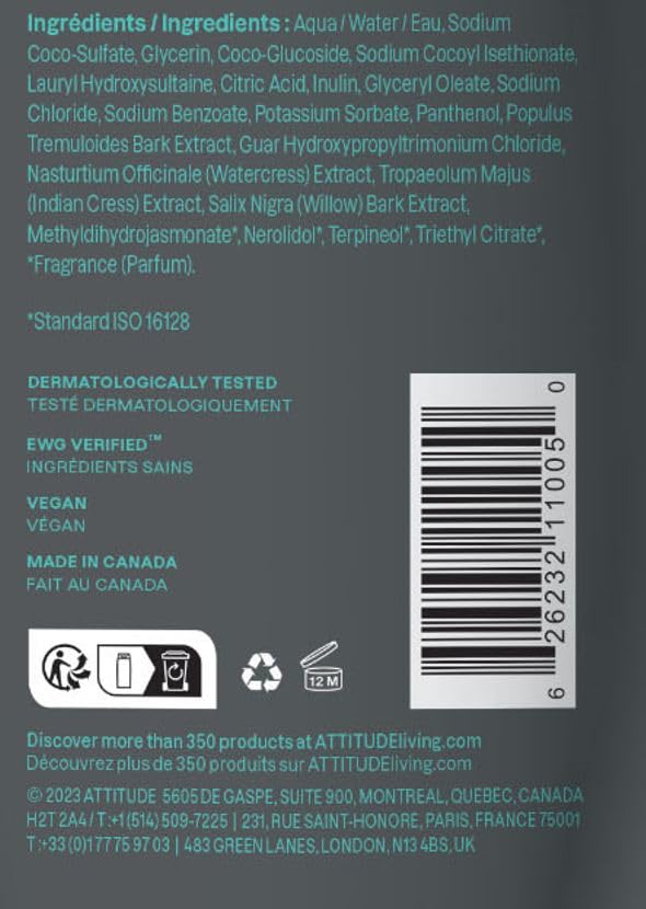 ATTITUDE 2in1 Shampoo and Body Wash, EWG Verified, Plant and Mineral-Based, Vegan Personal Care Products, Black Willow and Aspen, 16 Fl Oz (Pack of 6)