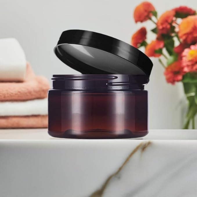 8 oz Amber PET Plastic Refillable Low Profile Jar Black Smooth Lid (12 pack)