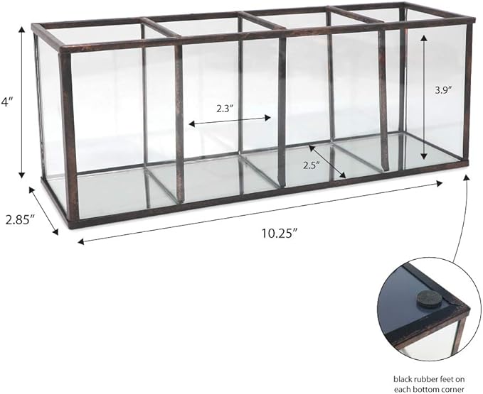 Isaac Jacobs 4-Compartment Organizer- Makeup Brush Holder- Vintage Style Brass and Glass Storage Solution with Mirror Base- Office, Bathroom, Kitchen Supplies and More (Antique Bronze)