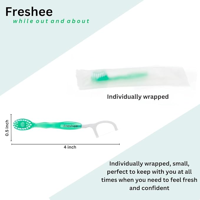Freshee 5 in 1 Disposable Mini Toothbrush with Toothpaste + Floss + Pick + Tongue Scraper | Travel Size | Individually Wrapped | Soft | Mint | Travel Set | Oral Care