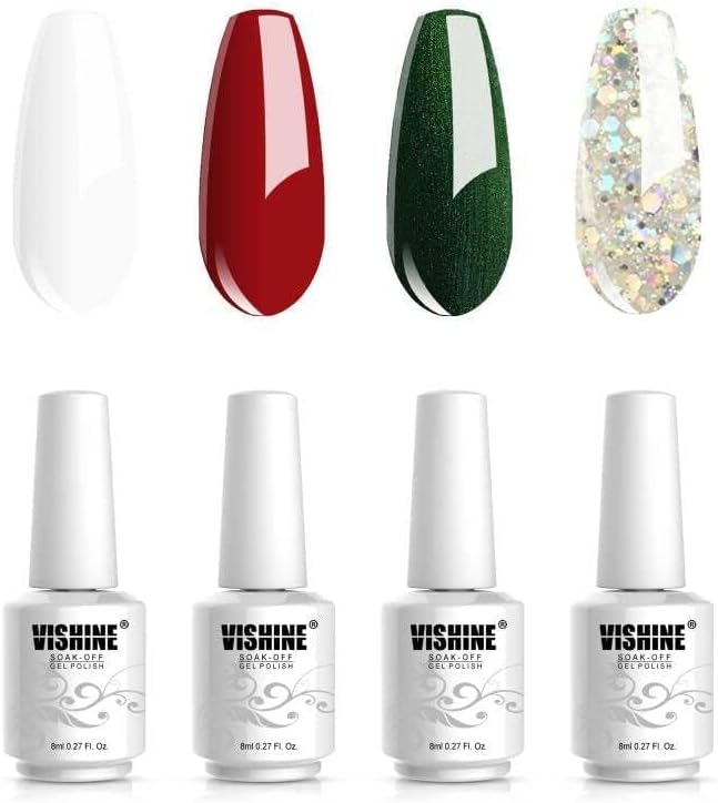 Vishine Soak Off UV LED Christmas Collection Glitter Gel Nail Polish Color Set Of 4 Colors X 8ml Red White Green Sparkle Silver Nail Art Kit Set