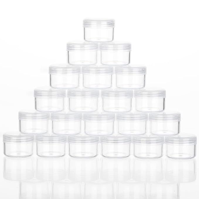 ZEJIA 5 Gram Sample Containers with Lids, Mini Makeup Containers, Empty Plastic Travel Cosmetic Containers with Labels(25 Count, Clear Lid)