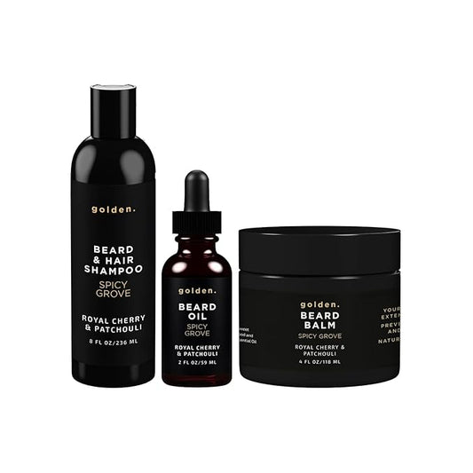 Golden Grooming Co. Everyday Beard Bundle – Complete Beard Care Set | Includes Beard Oil, Balm & Shampoo (XL, Spicy Grove)