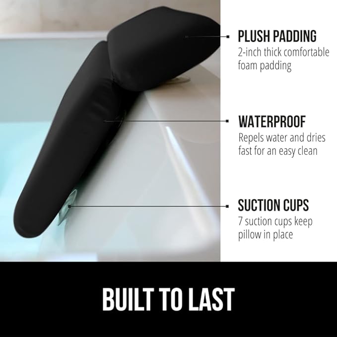 GORILLA GRIP Bath Pillow for Tub, Improved Suction Cups, Luxury Bathtub Pillows, Headrest for Neck and Back Support, Relaxing Home Spa, Hot Tubs and Bathroom Essentials, Gifts for Women, 2 Panel Black