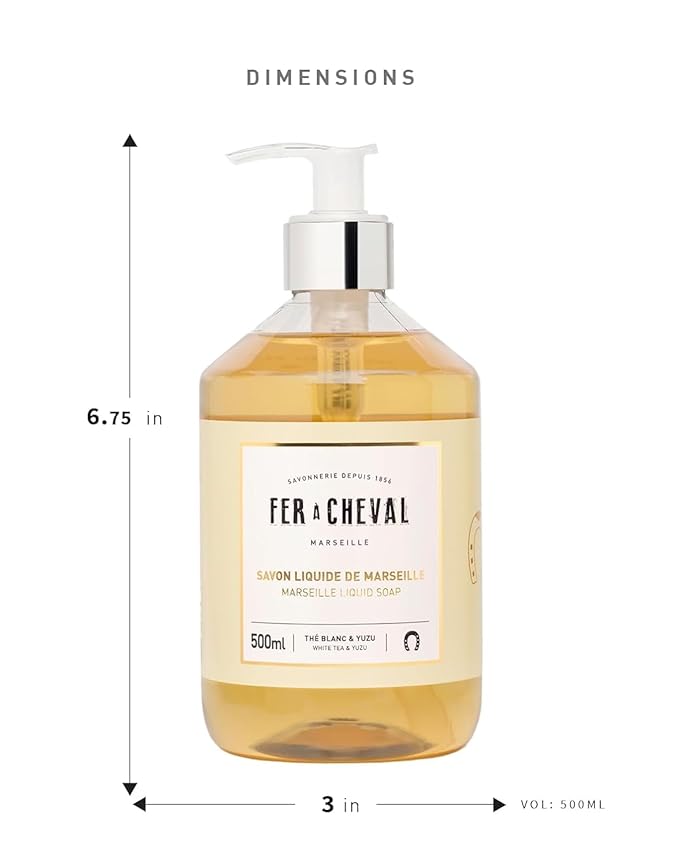 Fer à Cheval White Tea & Yuzu Marseille Liquid Soap | Shea Butter & Sweet Almond Oil, Luxurious Hydration, 97% Natural Ingredients - Set of 2, 16.9 f oz